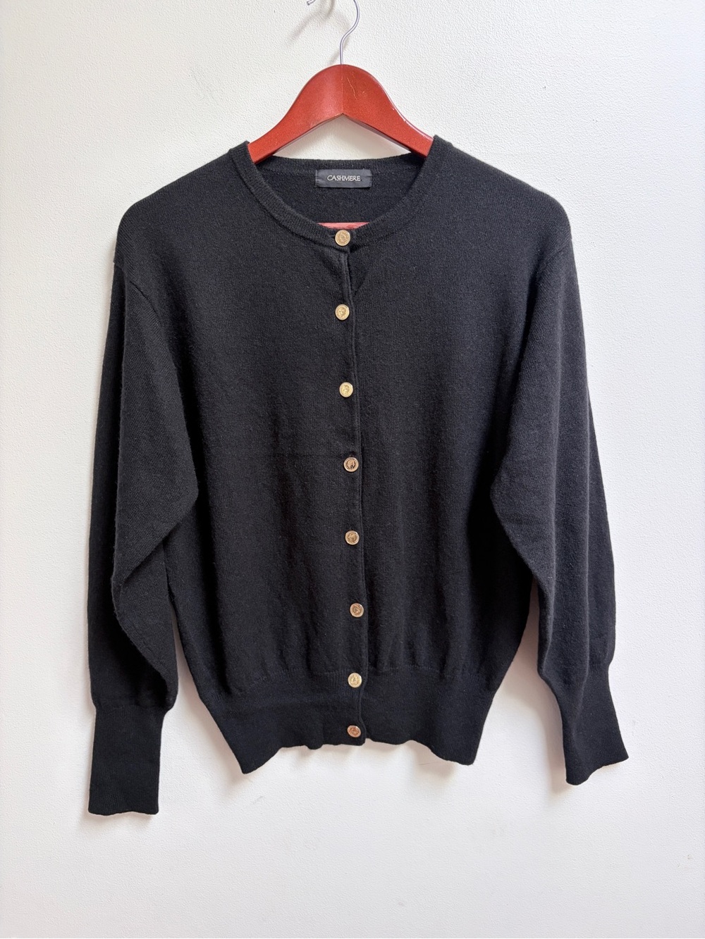 Vintage Black Cashmere Cardigan w/ Gold Swiss Coin Button-Front